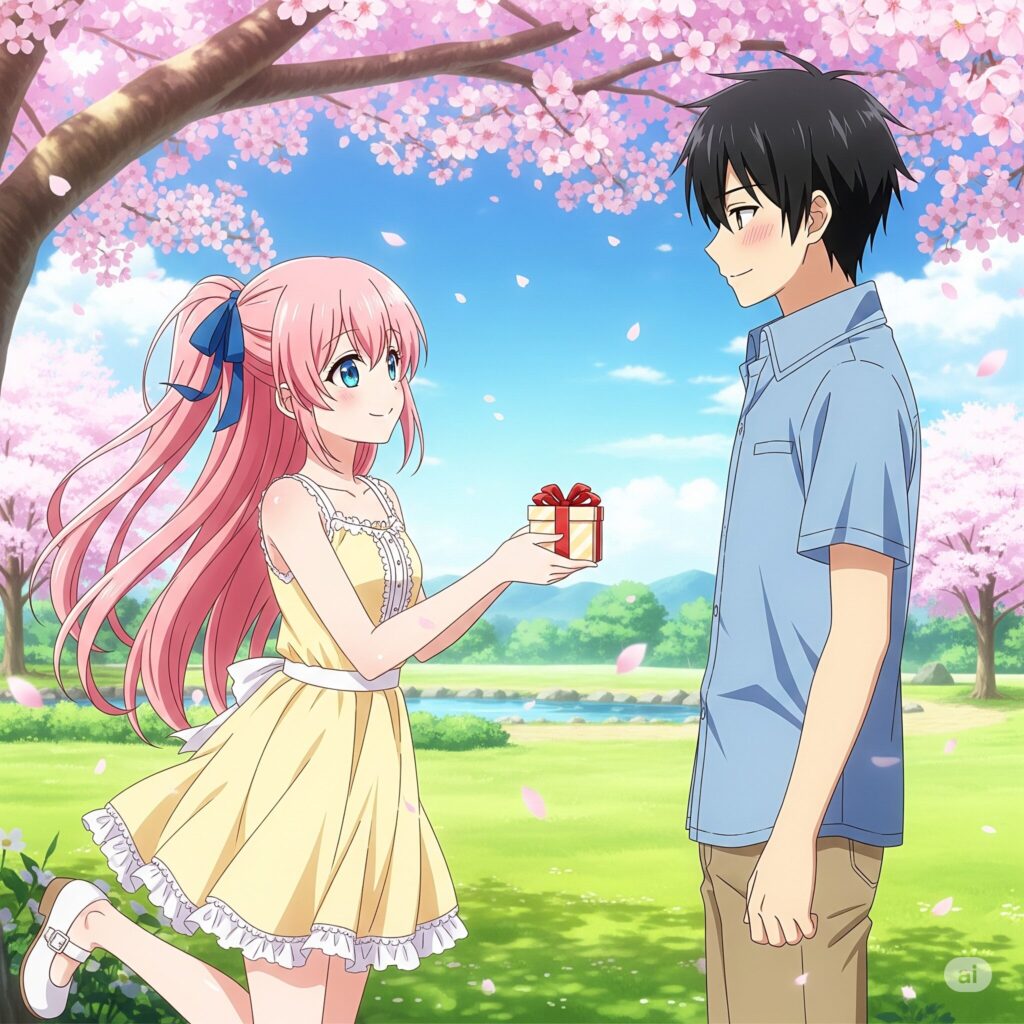 彼氏にプレゼントを渡すかわいい女の子